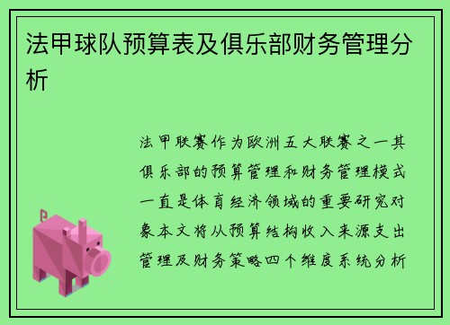 法甲球队预算表及俱乐部财务管理分析